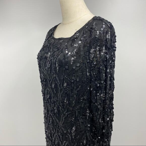Vintage 80's black silk/bead/sequin midi shift dress shark tooth hem size Medium - Picture 9 of 13